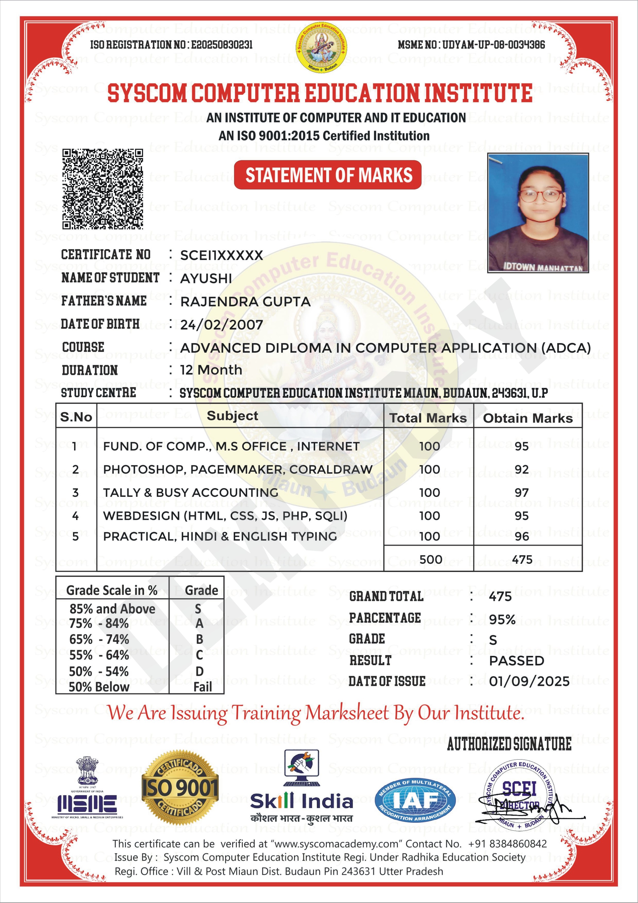 Certificate demo syscom computer center 